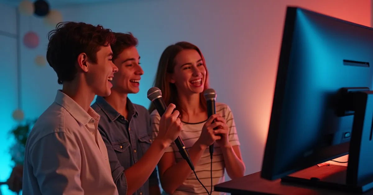 Equipamento de karaokê profissional montado em uma festa com pessoas cantando em São Paulo