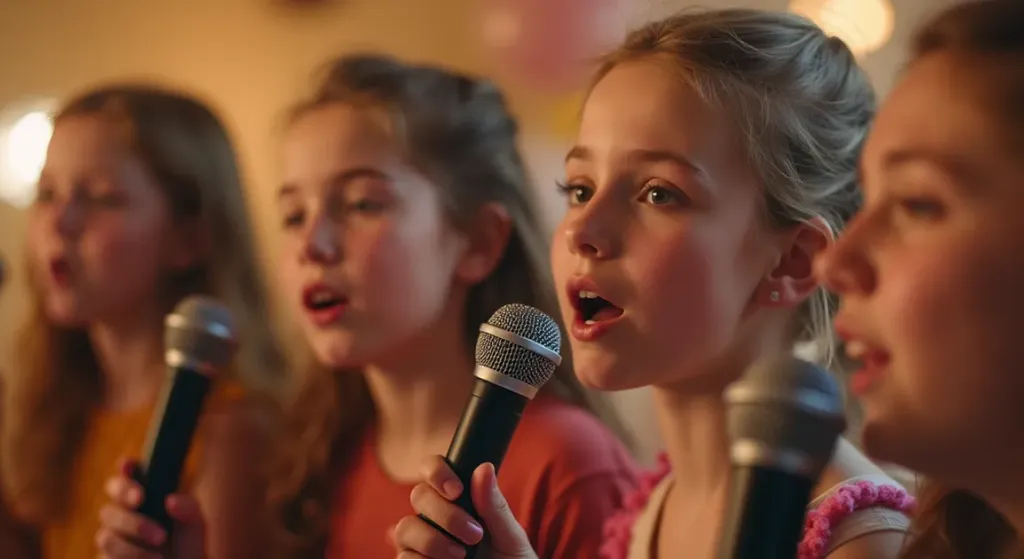 Crianças cantando karaokê em festa infantil com microfone colorido